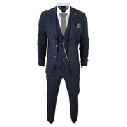STZ72 - Men's 3 Piece Suit Wool Tweed Navy Blue Brown Check 1920s Gatsby Formal Dress Suits