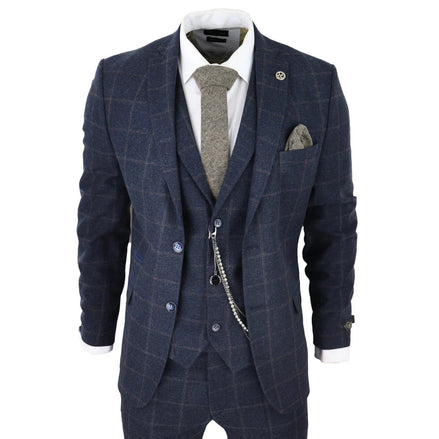 STZ72 - Men's 3 Piece Suit Wool Tweed Navy Blue Brown Check 1920s Gatsby Formal Dress Suits
