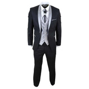 Sal-Yaica - Men's 4 Piece Wedding Suit Groom Shawl Collar Black Silver Cravat