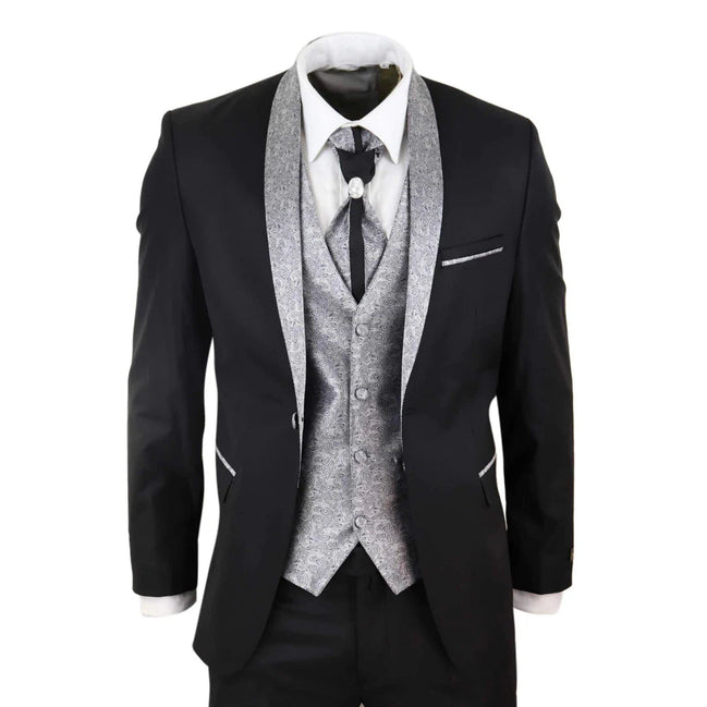 Sal-Yaica - Men's 4 Piece Wedding Suit Groom Shawl Collar Black Silver Cravat