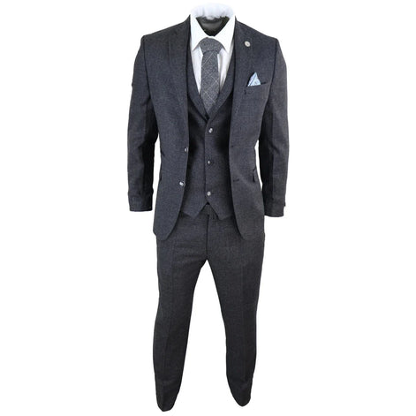 STZ14 - Men's Wool 3 Piece Suit Tweed Charcoal Black Classic