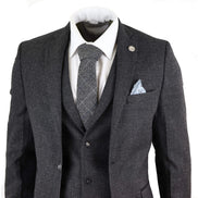 STZ14 - Men's Wool 3 Piece Suit Tweed Charcoal Black Classic