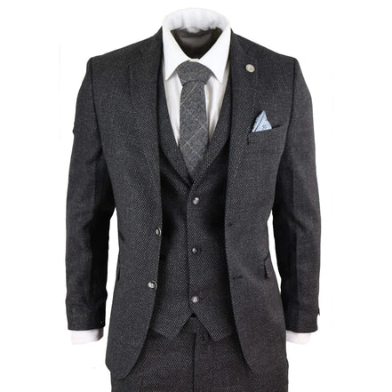 STZ14 - Men's Wool 3 Piece Suit Tweed Charcoal Black Classic