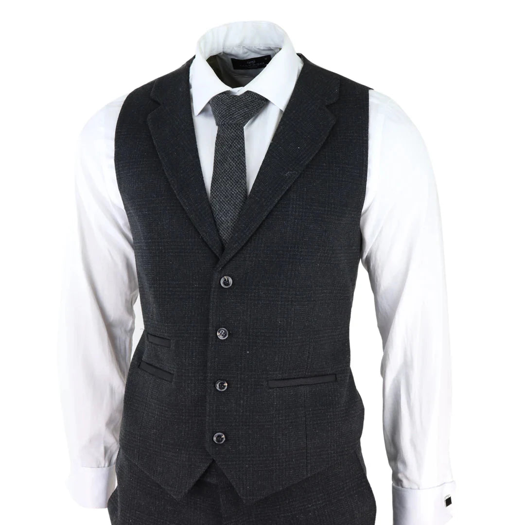 AK-11 - Men's Black Tweed 3 Piece Suit Check 1920s Gatsby Blinders