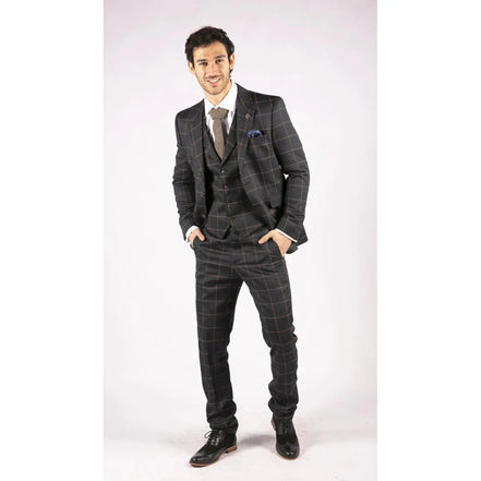AK-15 - Men's Blue 3 Piece Suit Tan Check Classic Wedding Prom Peaky Tweed
