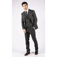 AK-12 - Men's Grey Tweed 3 Piece Suit Blue Check 1920s Gatsby Blinders