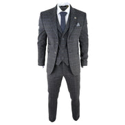 AK-12 - Men's Grey Tweed 3 Piece Suit Blue Check 1920s Gatsby Blinders