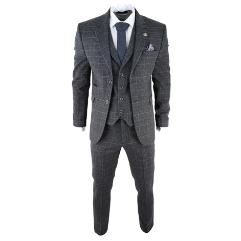 AK-12 - Men's Grey Tweed 3 Piece Suit Blue Check 1920s Gatsby Blinders