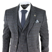 AK-12 - Men's Grey Tweed 3 Piece Suit Blue Check 1920s Gatsby Blinders