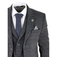 AK-12 - Men's Grey Tweed 3 Piece Suit Blue Check 1920s Gatsby Blinders