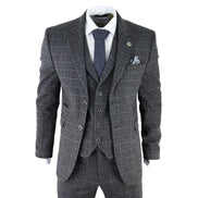 AK-12 - Men's Grey Tweed 3 Piece Suit Blue Check 1920s Gatsby Blinders