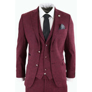 STZ11 - Men's Wool 3 Piece Suit Tweed Burgundy Black Classic