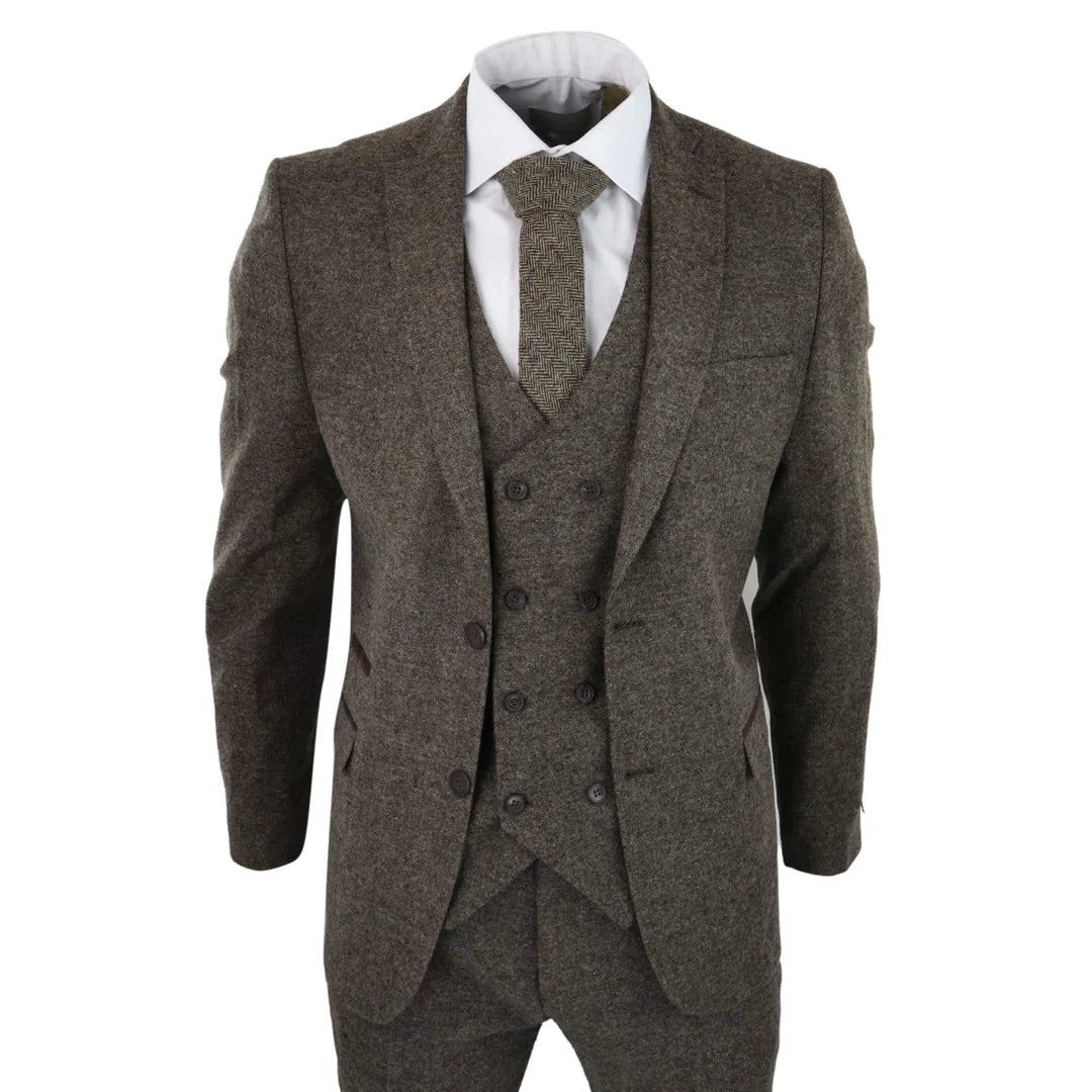 Stz31a - Men's Wool 3 Piece Suit Double Breast Waistcoat Tweed Blinders Classic 1920s Oak