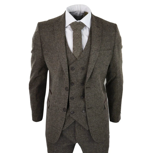 Stz31a - Men's Wool 3 Piece Suit Double Breast Waistcoat Tweed Blinders Classic 1920s Oak