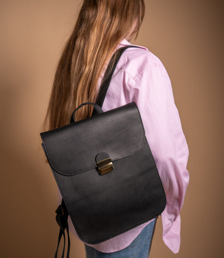 Natural Leather Saddle Backpack - Black