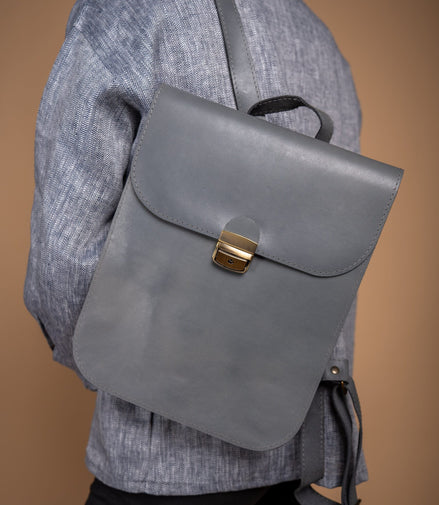 Natural Leather Saddle Backpack - Grey