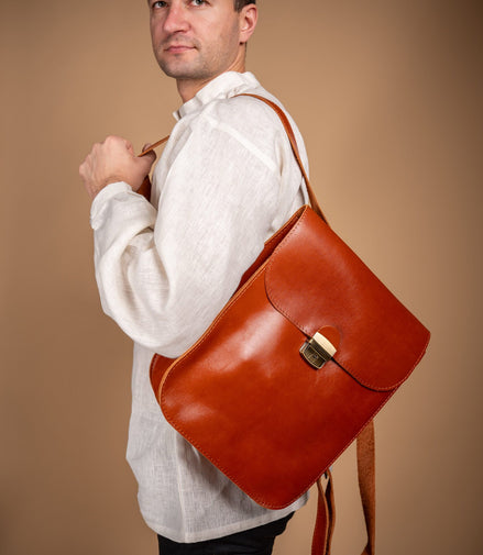 Natural Leather Saddle Backpack - Light Brown