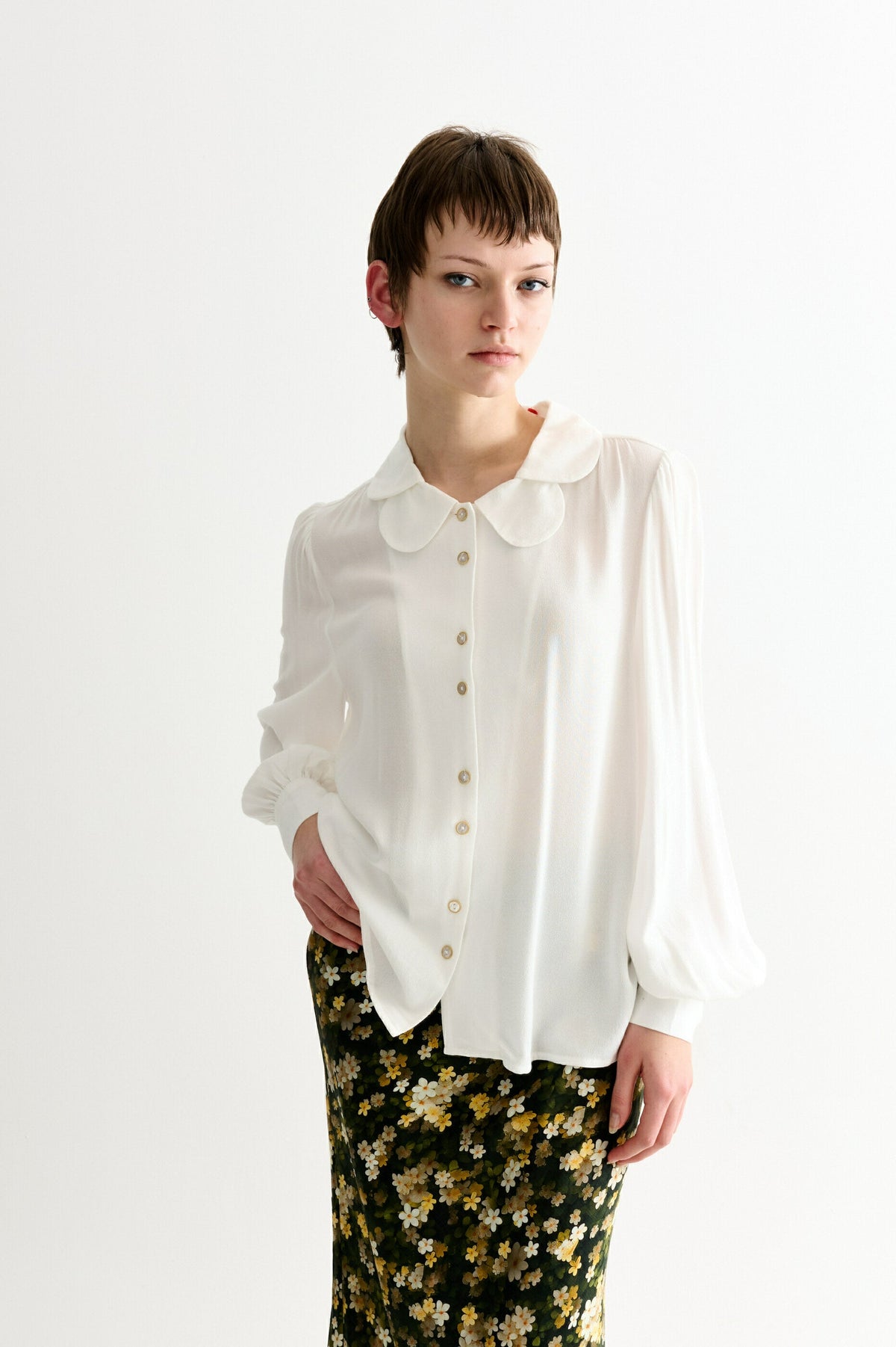 Octavia Moss Crepe Overlap Collar Shirt - Off White