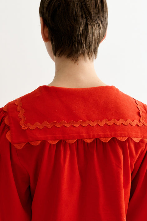 Pallas Babycord Big Collar Ric Rac Trimmed Blouse - Red