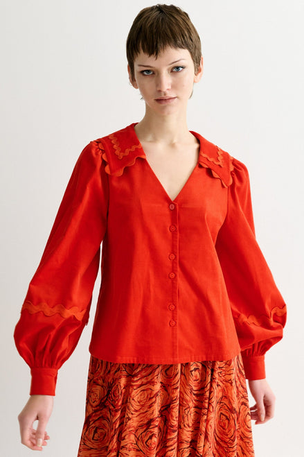 Pallas Babycord Big Collar Ric Rac Trimmed Blouse - Red