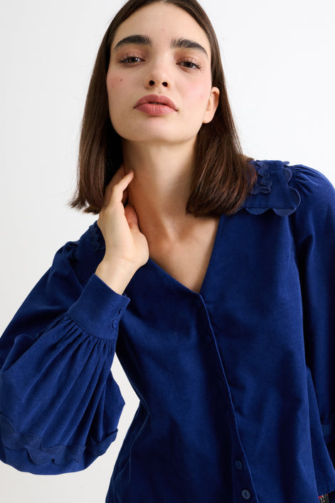 Pallas Babycord Big Collar Ric Rac Trimmed Blouse - Navy