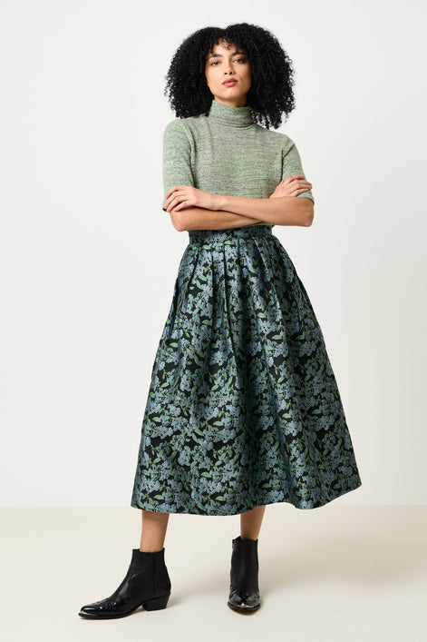 Pasadena Blossom Jacquard Midi Skirt - Black