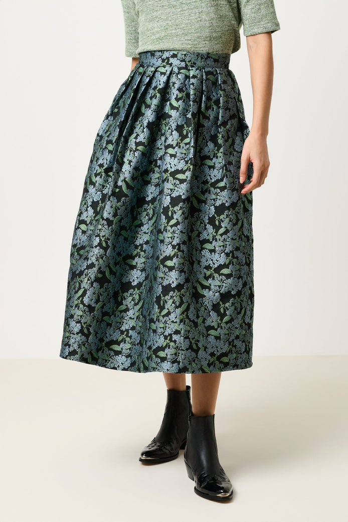 Pasadena Blossom Jacquard Midi Skirt - Black