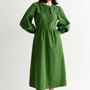 Prudence Babycord Big Collar Ric Rac Trim Midi Dress - Olive