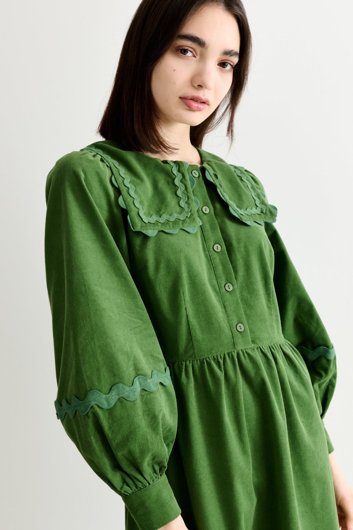 Prudence Babycord Big Collar Ric Rac Trim Midi Dress - Olive