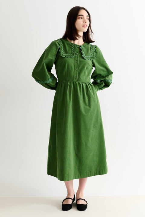 Prudence Babycord Big Collar Ric Rac Trim Midi Dress - Olive