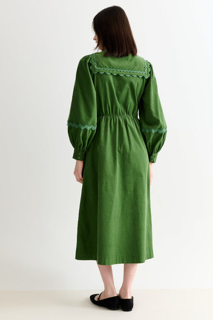 Prudence Babycord Big Collar Ric Rac Trim Midi Dress - Olive