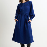 Prudence Babycord Big Collar Ric Rac Trim Midi Dress - Navy