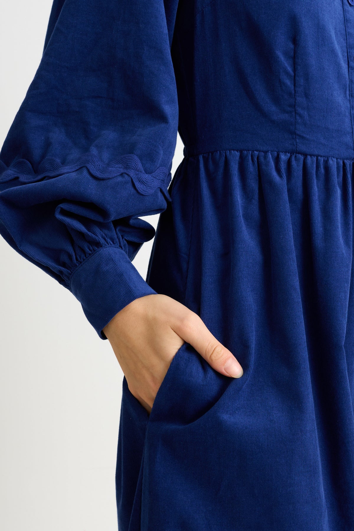Prudence Babycord Big Collar Ric Rac Trim Midi Dress - Navy