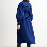 Prudence Babycord Big Collar Ric Rac Trim Midi Dress - Navy