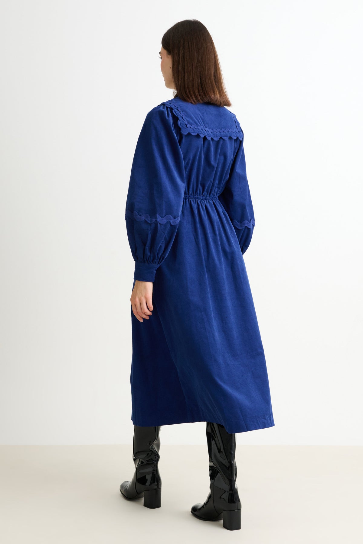 Prudence Babycord Big Collar Ric Rac Trim Midi Dress - Navy