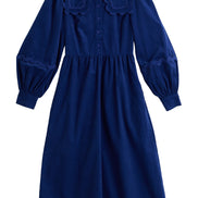 Prudence Babycord Big Collar Ric Rac Trim Midi Dress - Navy
