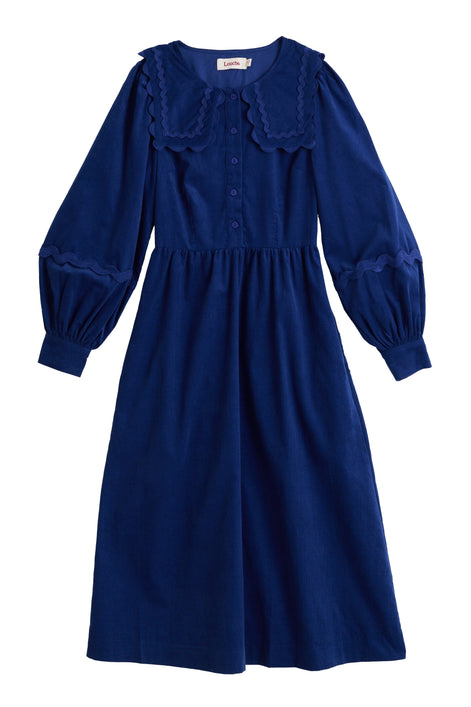 Prudence Babycord Big Collar Ric Rac Trim Midi Dress - Navy