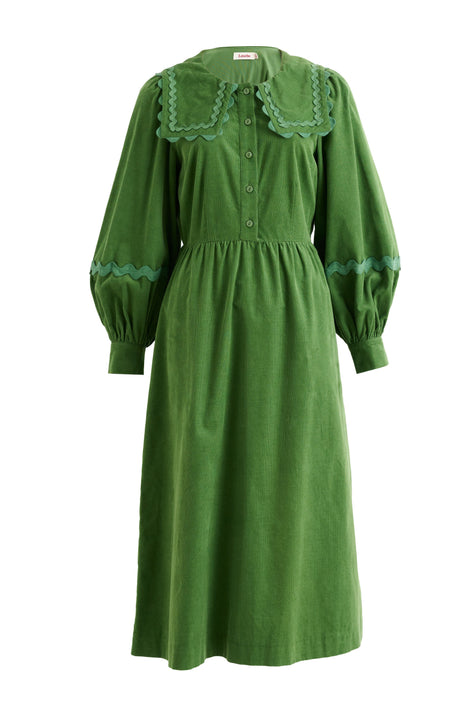 Prudence Babycord Big Collar Ric Rac Trim Midi Dress - Olive
