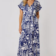 Royal Blue Tropical Print Tie Waist Maxi Dress