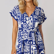 Royal Blue Tropical Print Tie Waist Maxi Dress