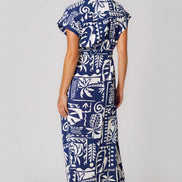Royal Blue Tropical Print Tie Waist Maxi Dress