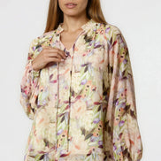 Green Floral Print Tie Neck Blouse