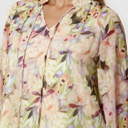 Green Floral Print Tie Neck Blouse