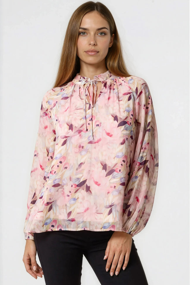 Pink Floral Print Tie Neck Blouse