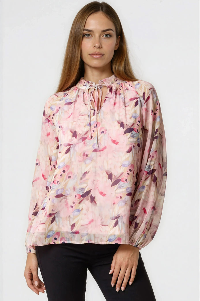 Pink Floral Print Tie Neck Blouse