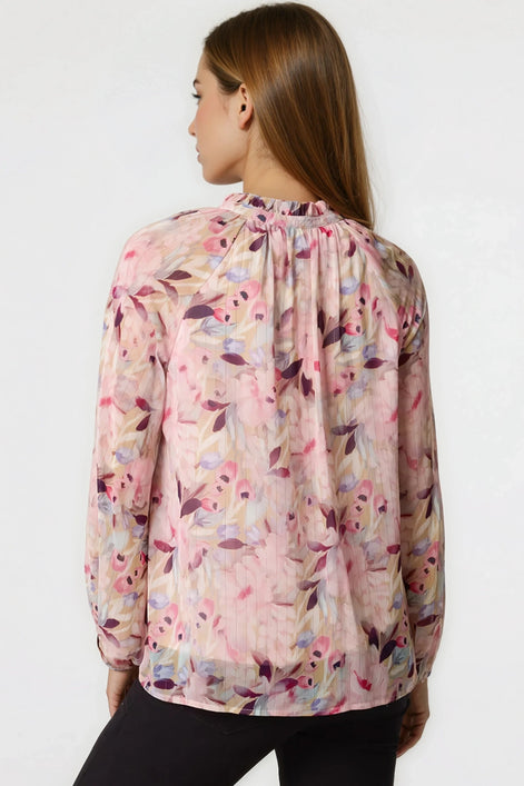 Pink Floral Print Tie Neck Blouse