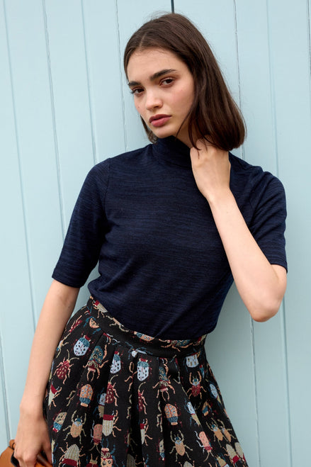 Vista Sustainable Marl Short Sleeve Polo Neck Top - Navy