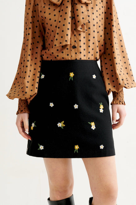 Aubin Daisy Embroidered Tweed A-Line Skirt - Black