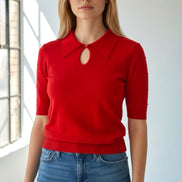 Louche Josephina Raindrops Textured Short Sleeve Collared Sweater Red