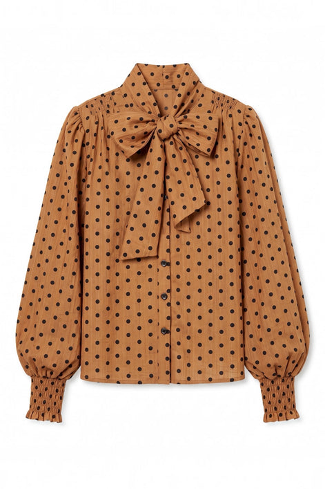 Aditi Spot Tie Neck Blouse - Toffee